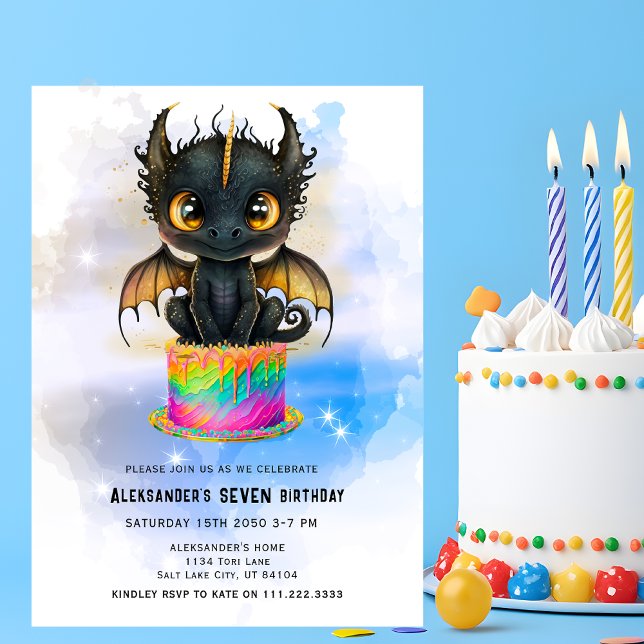 Convites Bolo de Arco-íris de Dragão Preto Fofo Aniversário (Criador carregado)