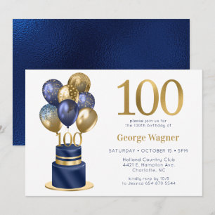 Convites Bolo de Balão Azul Marinho de 100 Anos de Nascimen