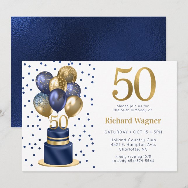 Convites Bolo de Balão Azul Marinho de 50 Anos de Idade (Frente/Verso)