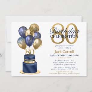 Convites Bolo de Balão Azul Marinho de 80 Anos de Idade