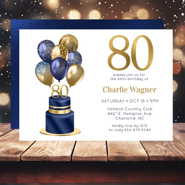 Convites Bolo de Balão Azul Marinho de 80 Anos de Idade (Criador carregado)