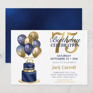 Convites Bolo de Balão Azul Marinho de Aniversário de 75 An