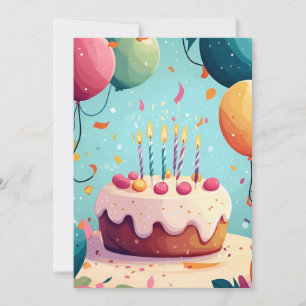 Convites Bolo de Cartoon de Aniversário, Velas e Balões de 