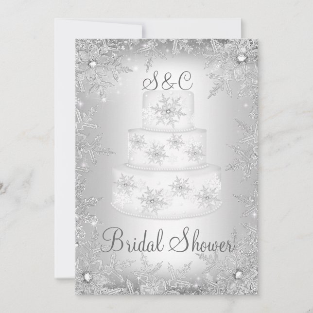Convites Bolo de Casamento com Monograma de Floco de Neve C (Frente)