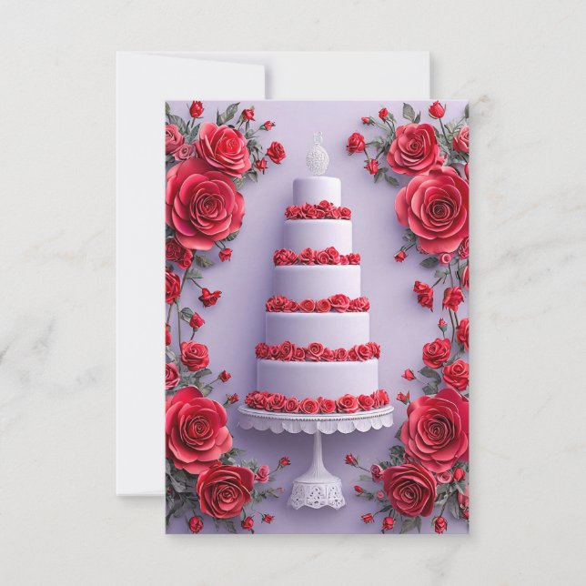 Convites Bolo de Casamento com Rosas Vermelhas Floral Român (Frente)