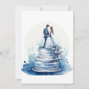 Convites Bolo de Casamento Floral Azul em Aquarela Elegante