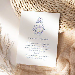 Convites Bolo de Casamento Minimalista Doodle Azul Francês 