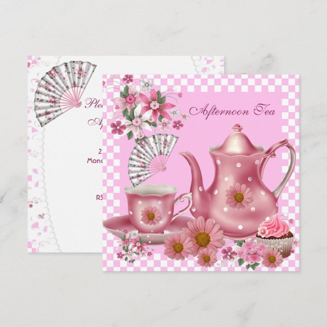 Convites Bolo de Chá da Tarde Xícara Rosa Floral Bule de Ch (Frente/Verso)
