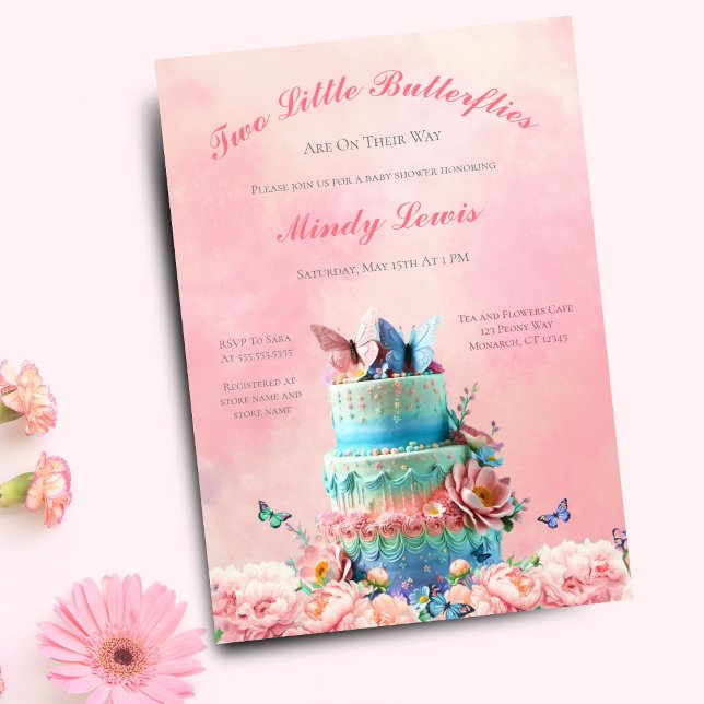 Convites Bolo de Chá de Bebê Gêmeos Borboletas Lindas (Elegant, whimsical invitation for a memorable twin girls' baby shower.)