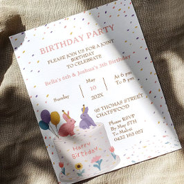 Convites Bolo de Coelho Fofo Aniversário Conjunto Irmã Irmã