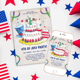 Convites Bolo de Creme Patriótico Fofo Festa de 4 de Julho
