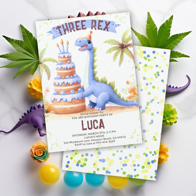 Convites Bolo de Dinossauro Três Garoto De Aquarela Rex Ani (dinosaur boy birthday party dino three rex 3rd funny watercolor giant cake prehistoric wild cute)