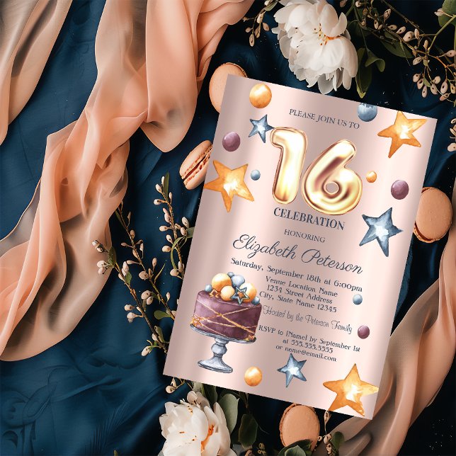 Convites Bolo de Estrelas Balões Dourado Rosa Sweet 16 (Criador carregado)