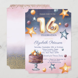 Convites Bolo de Estrelas com Degradê de Aquarela Diamantes
