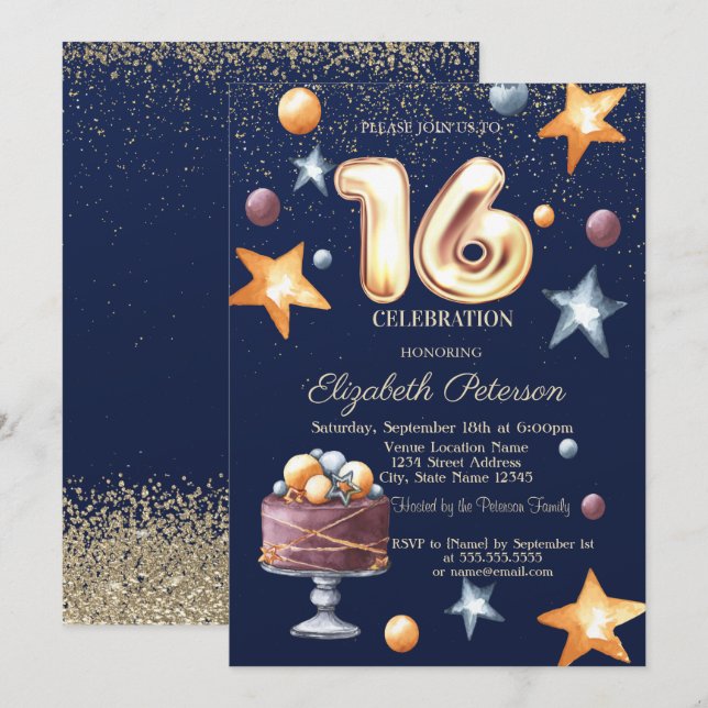 Convites Bolo de Estrelas Confete Diamante Sweet 16 (Frente/Verso)