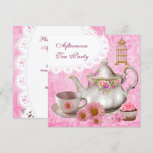 Convites Bolo de Festa de Chá da Tarde Rosa Floral Bule de 