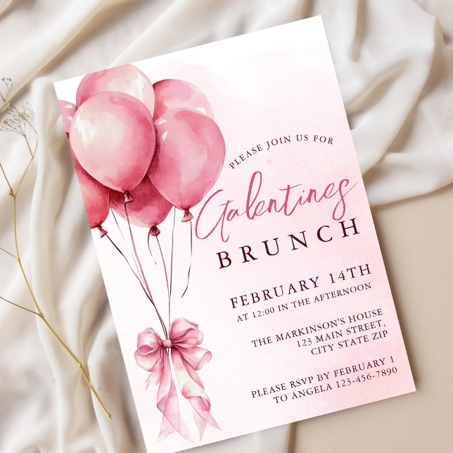 Convites Bolo de Galentines com Balões de Aquarela Cor-de-r (Criador carregado)
