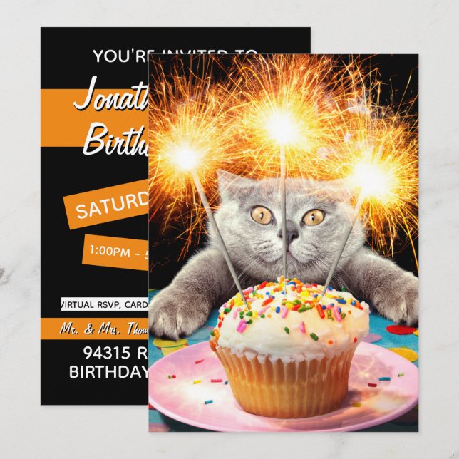 Convites Bolo de Gato com Purpurina (Frente/Verso)