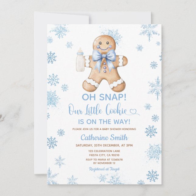 Convites Bolo De Gengibre Azul Natal Bebê Chuvada De Flocos (Frente)