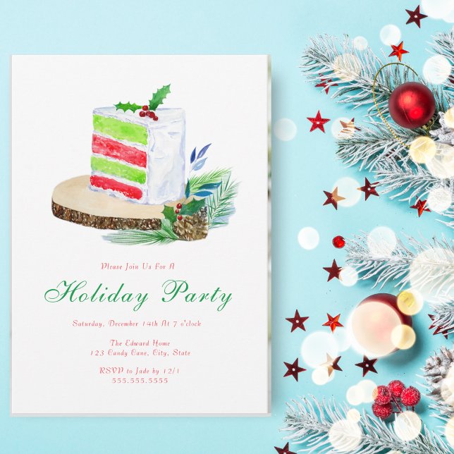 Convites Bolo De Inverno Feriado Por Aquarelas Com Holly (This lovely Christmas Holiday layered cake makes a wonderful center piece for a party invitation.)