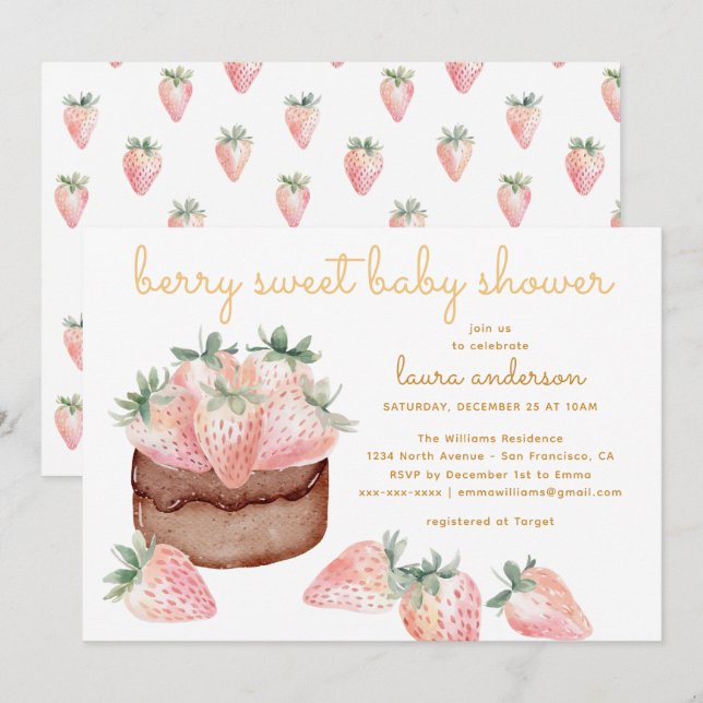 Convites Bolo de Morango com Aquarela Festa de Bebê Doce de (Frente/Verso)
