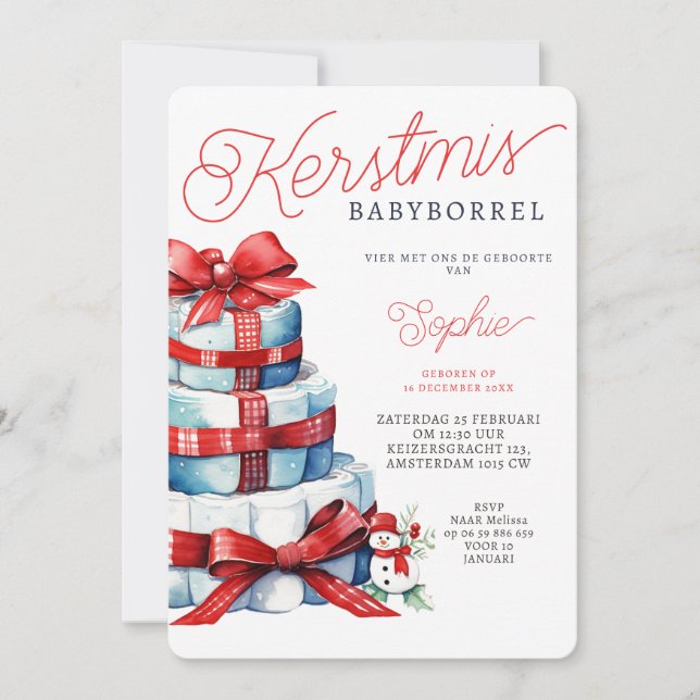Convites Bolo de Natal para Bebê Vermelho Azul  (Frente)