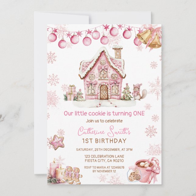 Convites Bolo de Natal Pequeno Rosa 1º aniversário  (Frente)
