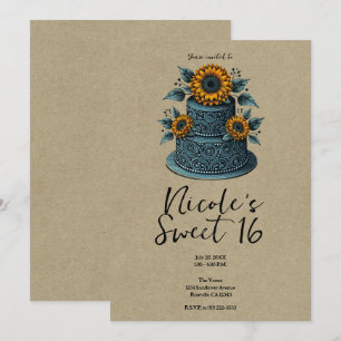 Convites Bolo de Nível Girassol Azul Amarelo Doce Aniversár