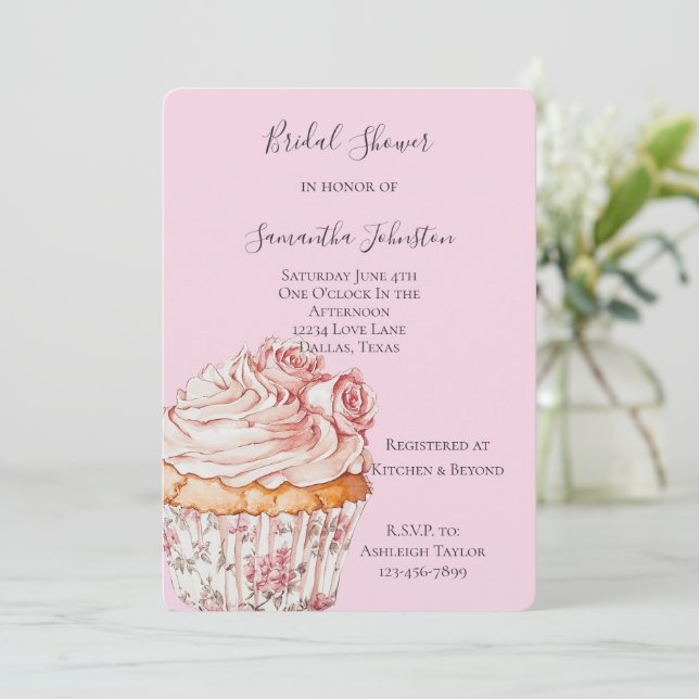 Convites Bolo De Noiva Floral Com Rosas Rosa (Em pé/Frente)