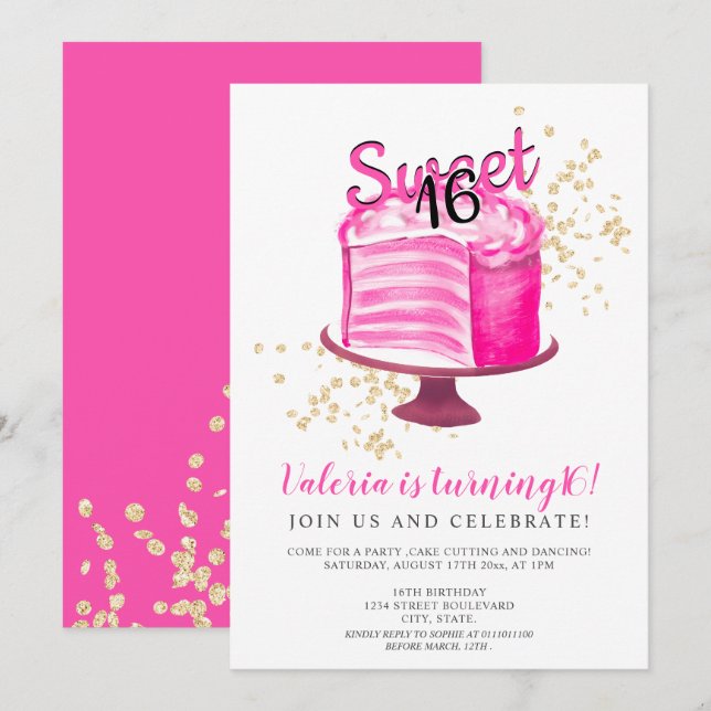 Convites Bolo de ouro rosa-néon moderno que corta a cinza 1 (Frente/Verso)