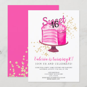 Convites Bolo de ouro rosa-néon moderno que corta a cinza 1