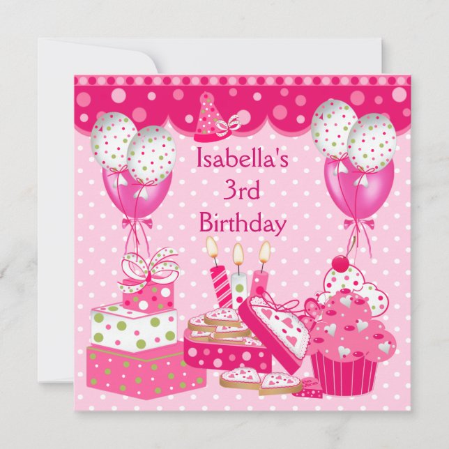 Convites Bolo de Ponta Rosa Rosa, aniversário de 3 anos de  (Frente)