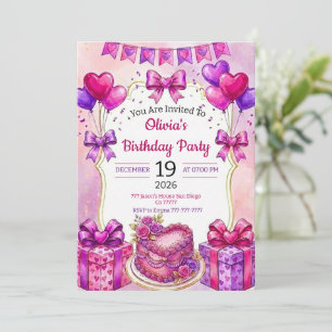 Convites Bolo de Rosa em Aquarela e Aniversário de Coração