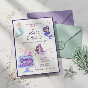 Convites Bolo de Sereia Glitter Roxo Aniversário Sob o Mar