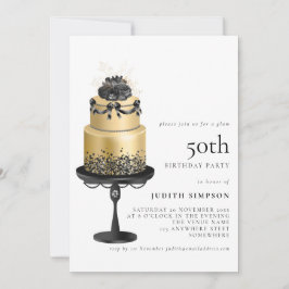 Convites Bolo-de-vidro Elegante Florais Pretos Dourados 50º