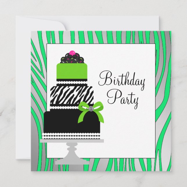 Convites Bolo de Zebra Verde Lima Cupcake Aniversário Festa (Frente)