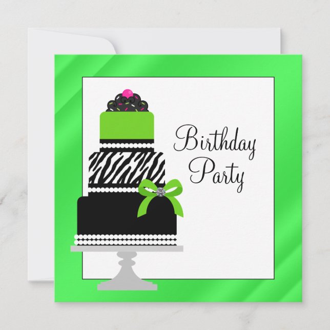 Convites Bolo de Zebra Verde Lima Cupcake Aniversário Festa (Frente)
