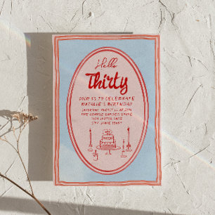 Convites Bolo Desenhado em 30 Escrito na Mão Quirky Retro B