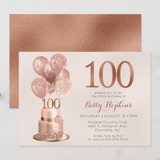 Convites Bolo Dourado Rosa de 100 Anos de Idade (Frente/Verso)