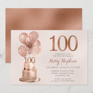 Convites Bolo Dourado Rosa de 100 Anos de Idade