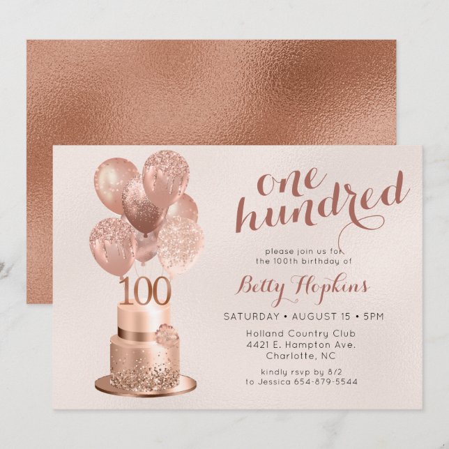 Convites Bolo Dourado Rosa de 100 Anos de Idade (Frente/Verso)