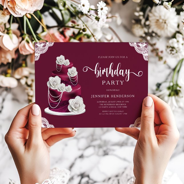 Convites Bolo Floral Elegante Burgundy Aniversário (Elegant Burgundy Floral Cake Birthday Invitation )