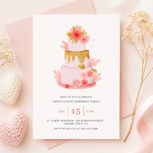 Convites Bolo Floral Rosa Doce Aniversário Menina Bebê
