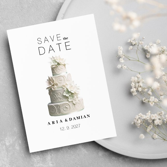 Convites Bolo floral verde de menta branca elegante Guardar (Elegant white mint green floral cake Save the Date)