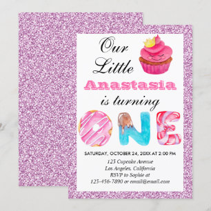 Convites Bolo Pequeno Rosa Lilás Brilho 1º Aniversário Um