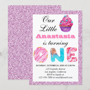 Convites Bolo Pequeno Rosa Lilás Brilho 1º Aniversário Um