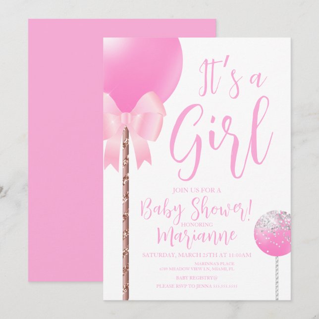 Convites Bolo Pop Menina Rosa Aniversário de Bebê    (Frente/Verso)