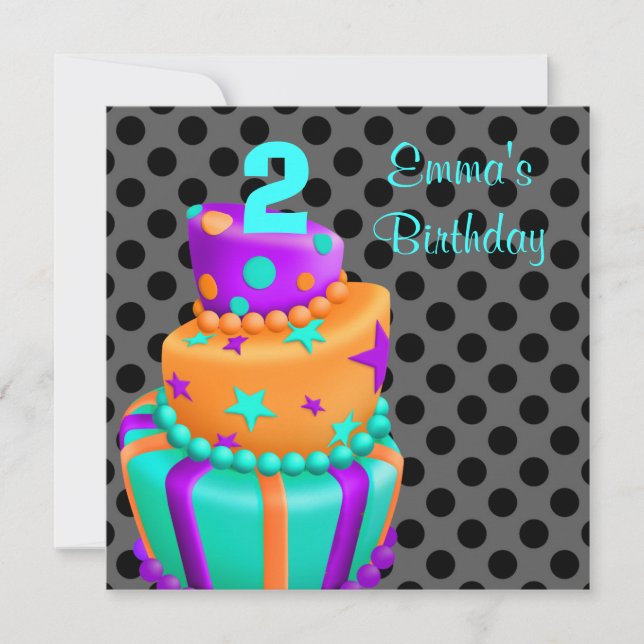 Convites Bolo preto roxo apresenta segundo aniversário para (Frente)