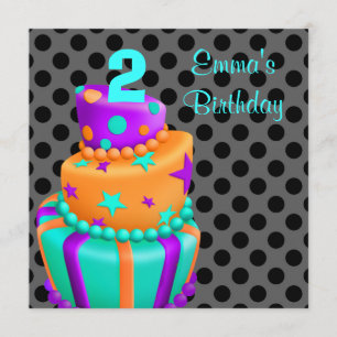 Convites Bolo preto roxo apresenta segundo aniversário para