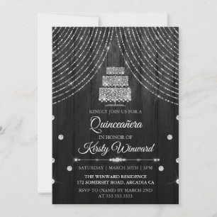 Convites Bolo Quinceanera Diamante Preto Prata